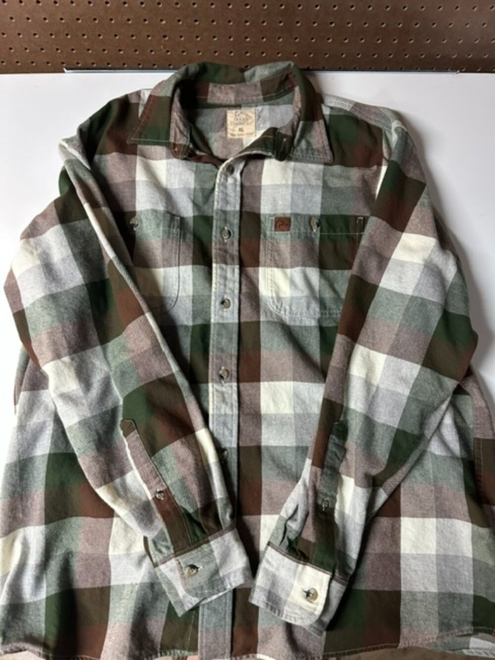 Ducks Unlimited Brown Plaid Flannel Button Up Mens XL Workwear Hunting Outdoors